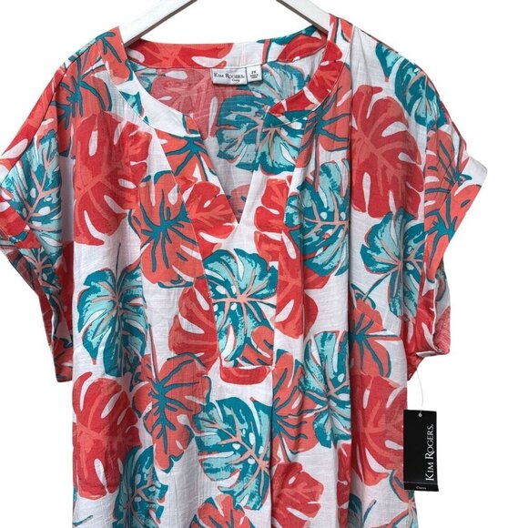 Kim Rogers Top Plus Size 2X Tropical Leaf Coral Turquoise Short Sleeve Tunic - Picture 3 of 9
